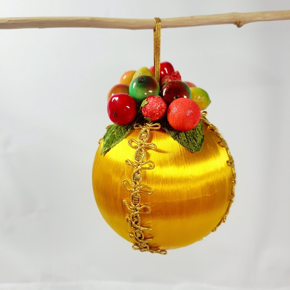 Oversized Vintage Satin Spun Gold Christmas Ornament with Faux Fruit Topper
